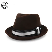 fs brown wool hat felt fedora winter hats for women elegant men gentleman round top cap vintage royal hat with square knot