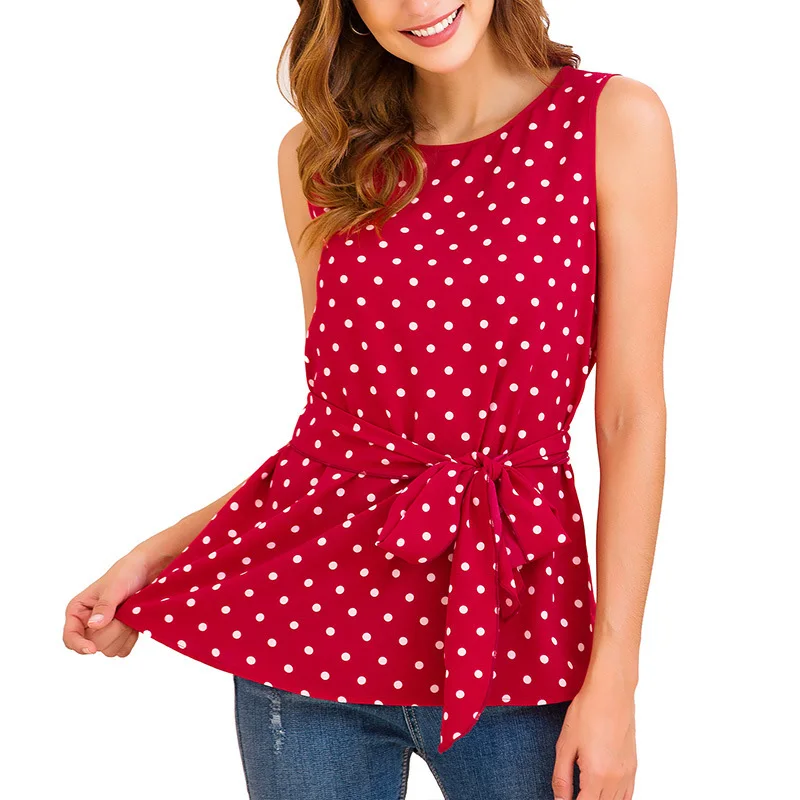 Womens Tops Ladies Blouse Office Summer Waistbelt Casual Work Round Neck Slim Fit Sleeveless Polka Dots Lace Up |