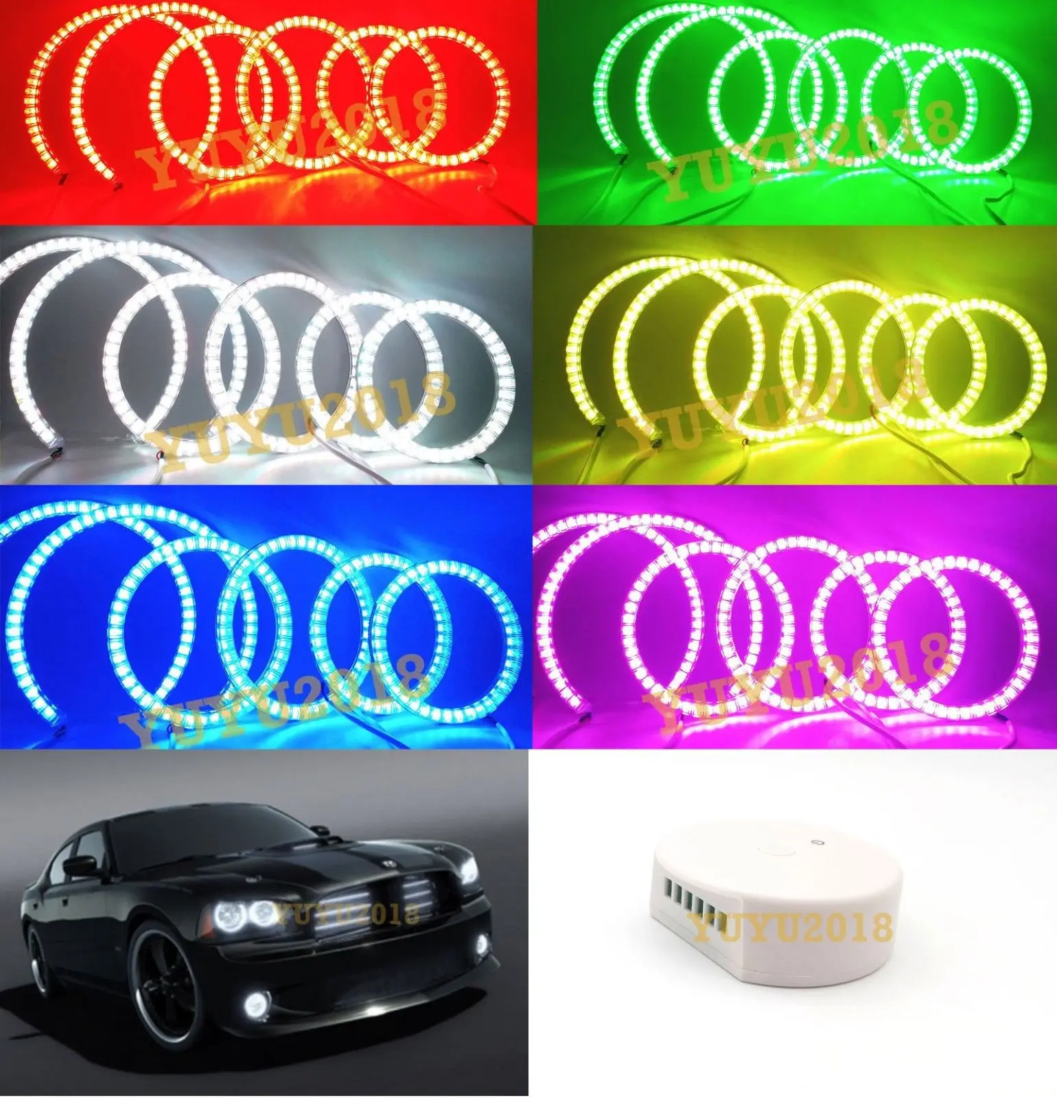 Светодиодные противотуманные фары 6 гало колец Bluetooth RGB для Dodge Charger 2006