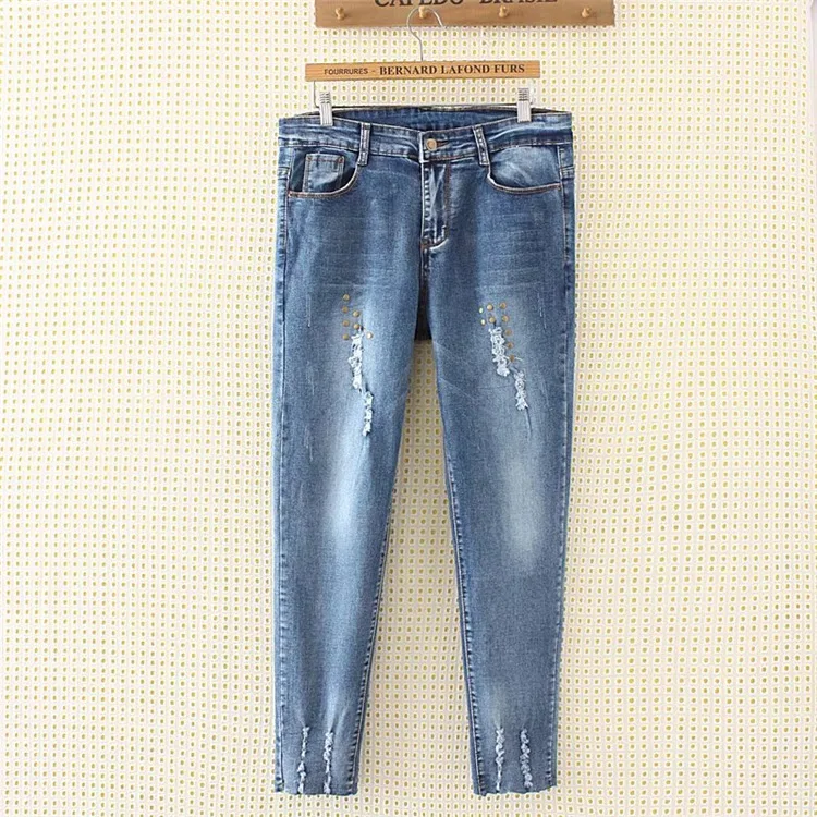 Женские узкие джинсы с бусинами синие повседневные брюки высокой талией
