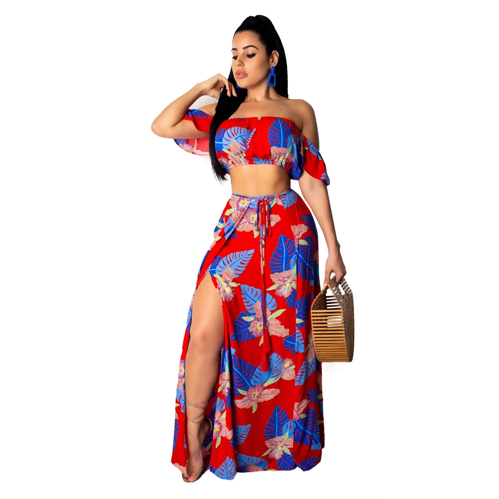Sexy Ruffles Slash Neck Crop Top and Split Long Skirt Women 2 Two Piece Set 2019 Summer Floral Print Boho Beach Dress | Женская одежда