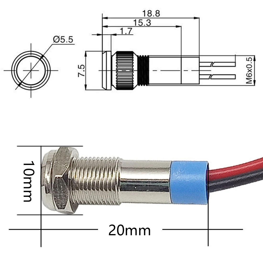 

Waterproof Signal Lamp LED Metal Indicator Light 6mm 6V 12V 24V 220V Wire Red Yellow Blue Green White Pilot Seal Bulb