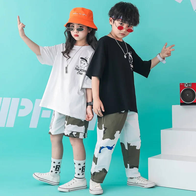 

Girls Boys Hip Hop Clothing Ballroom Dancing Clothes Oversized Running T Shirt Casual Pants for Kids Camouflage Dance Costume