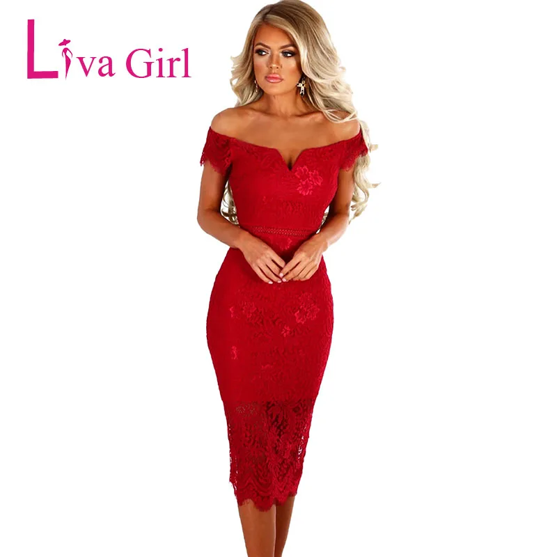 

Кружевное Вечернее Платье LIVA GIRL, женское облегающее платье миди с открытыми плечами, пикантное красное летнее платье-карандаш, офисные плат...