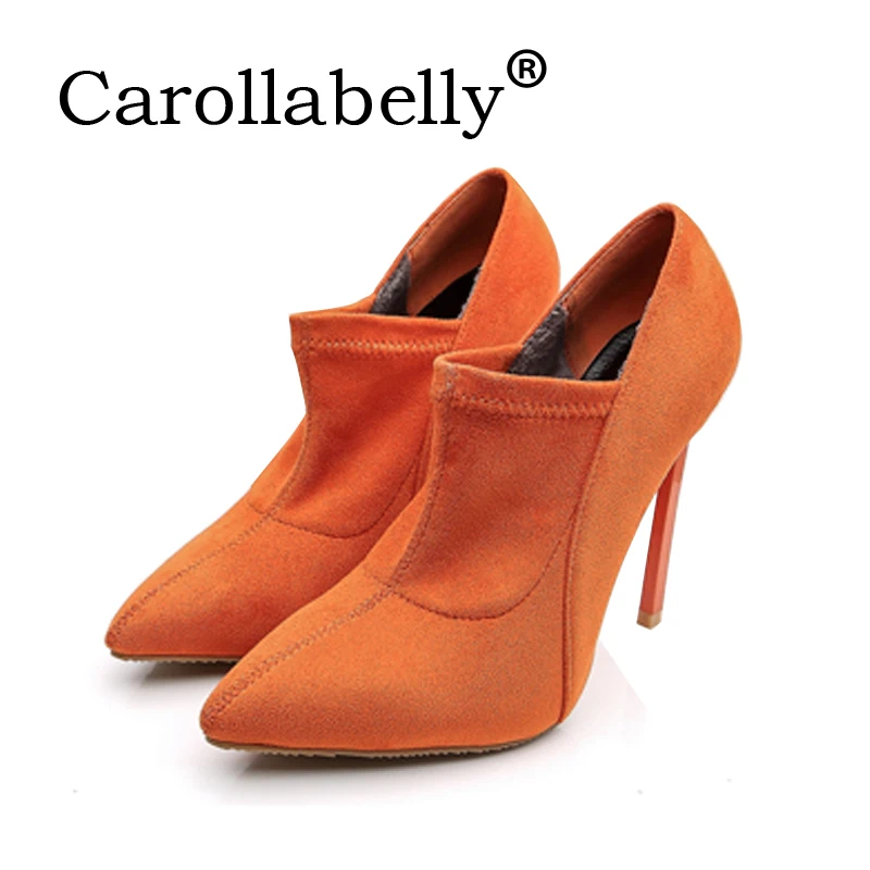 

Carollabelly/женские ботинки из флока с острым носком; женские ботинки; сезон осень-зима; ботильоны на тонком каблуке
