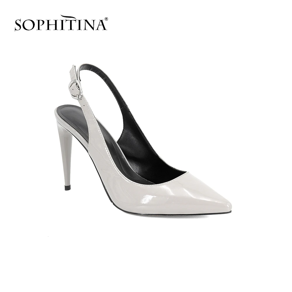 SOPHITINA/Хит 2019г.; Высококачественные босоножки из натуральной кожи; Модная обувь на тонком конусовидном каблуке с открытой пяткой; Открытая пяточная часть дополнена ремешком, который фиксирует изделие на стопе SC56