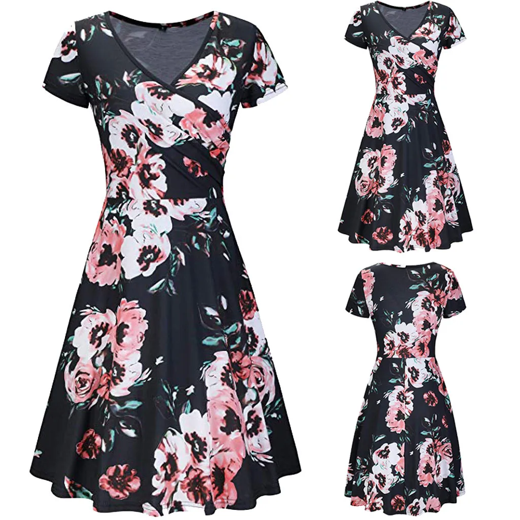 Женское платье трапециевидной формы с принтом v образным вырезом коротким