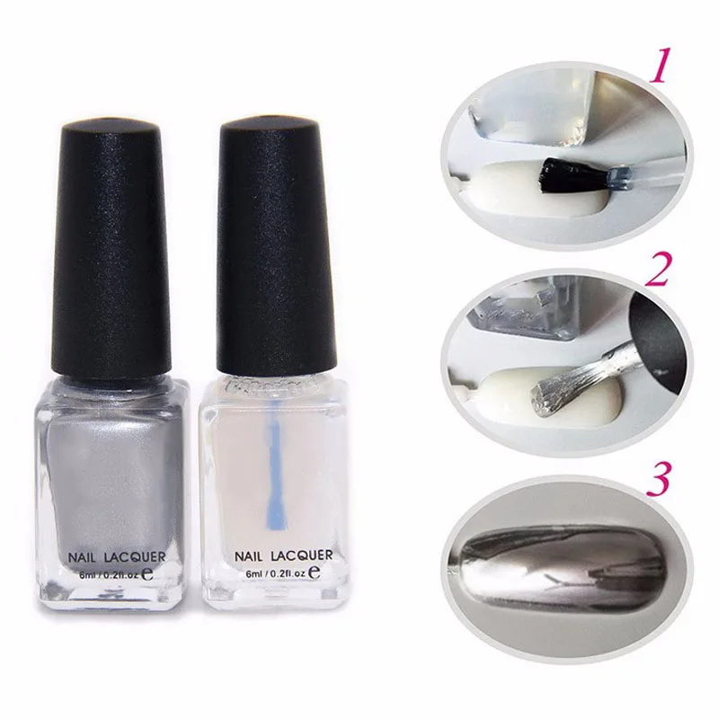 1 Set 2pc/lot Nail Gel Behind Silver Mirror Effect Metal Nail Polish Lacquer Metellic Effect Base Coat Nail Art Tips DIY Manicure 6ml - Цвет: 1 Set