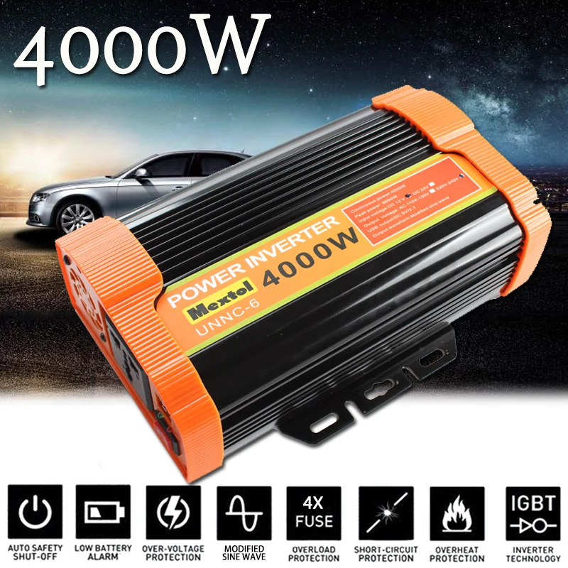 4000W Мощность инвертор 12 V дo AC 220 вольт Модифицированная синусоида преобразователь автомобильное зарядное устройство Запчасти для дизельных двигателей трансформатор с 2 портами(стандарт