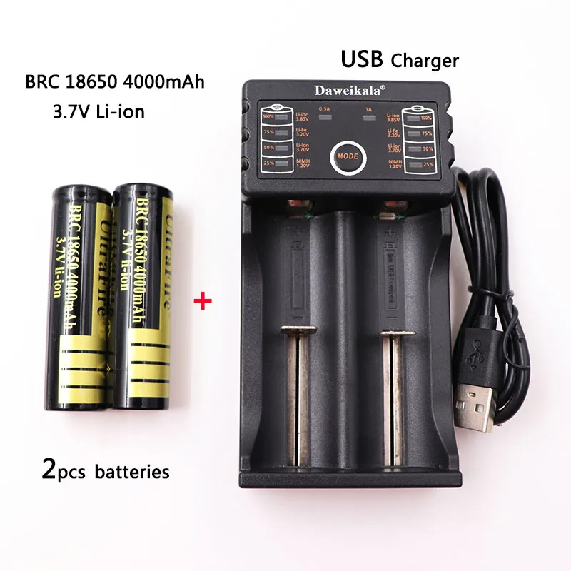 2PCS 18650 Батарея 3,7 V 4000mAh перезаряжаемая liion батарея с зарядным устройством для светодиодного фонарика литиевая батарея+ 1 шт зарядное устройство - Цвет: 2PCS