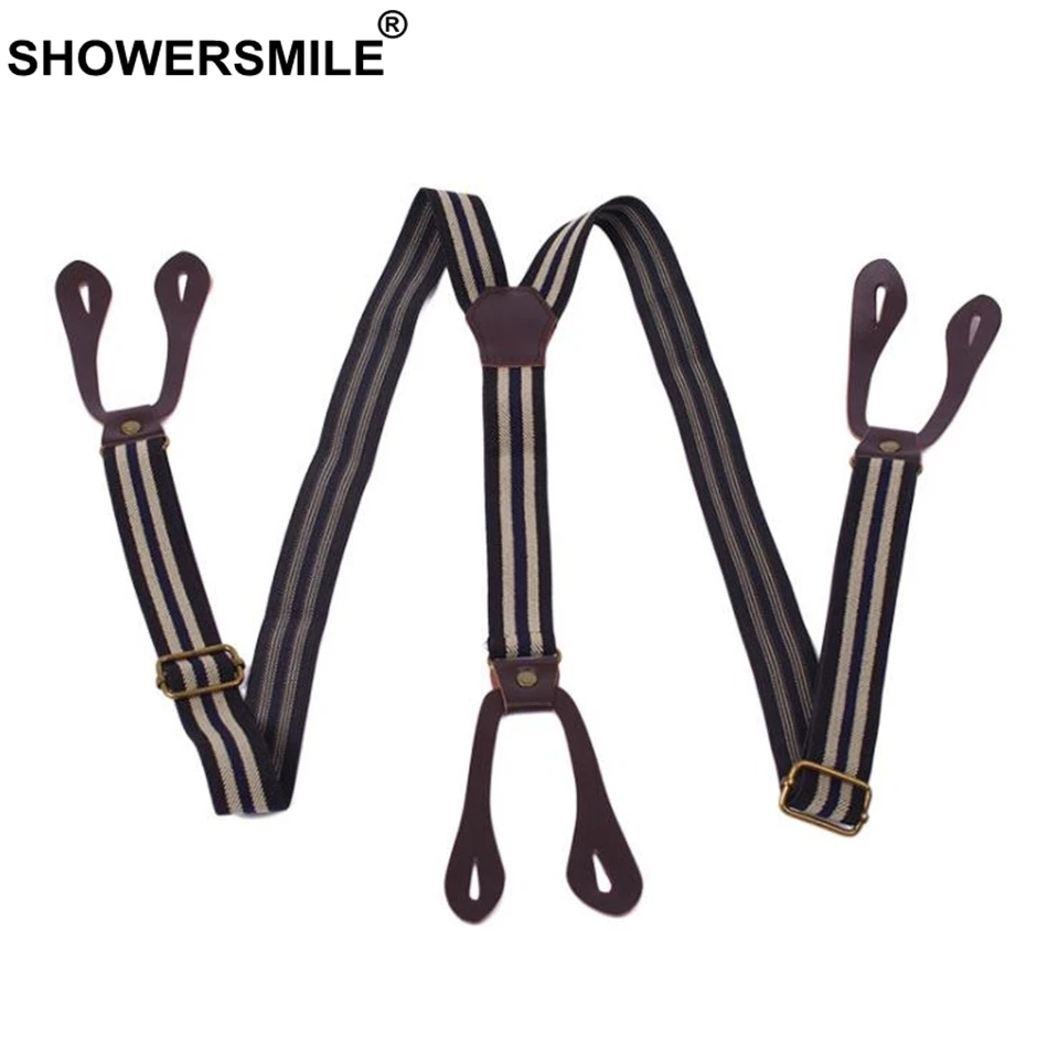 SHOWERSMILE подтяжки на пуговицах для мужчин, подтяжки в полоску кофейного цвета, Y сзади, регулируемые подтяжки для мужчин и женщин, британский винтажный ремень для брюк