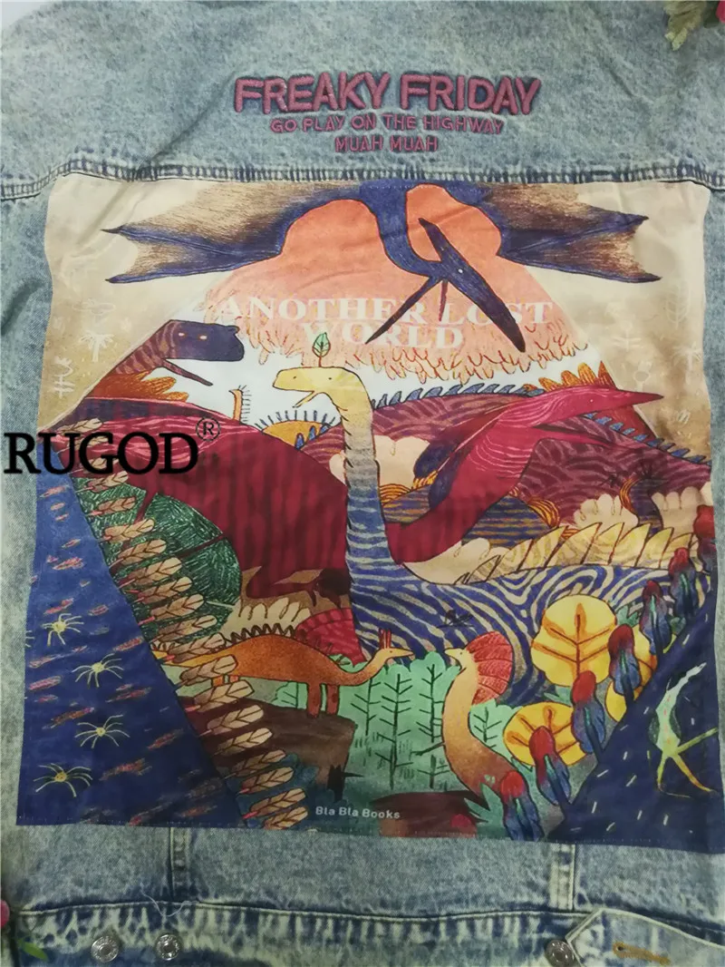 RUGOD, новинка, осень, Забавный принт с героями мультфильмов, длинная джинсовая куртка для женщин, винтажная уличная одежда в стиле панк, джинсовая куртка, casaco feminino