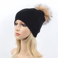 women real fur pom pom hat female winter wool autumn knitted beanies fur ball cap ladies cashmere natural raccoon fur pompom hat