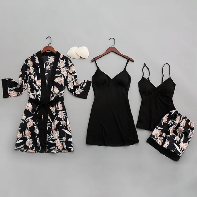 

Autumn Women Sleepwear Sexy Lace Pyjamas Nighrdress Ladies Lounge Female Pijamas Femme Suit 4 pcs Set with Chest Pads Nightgown