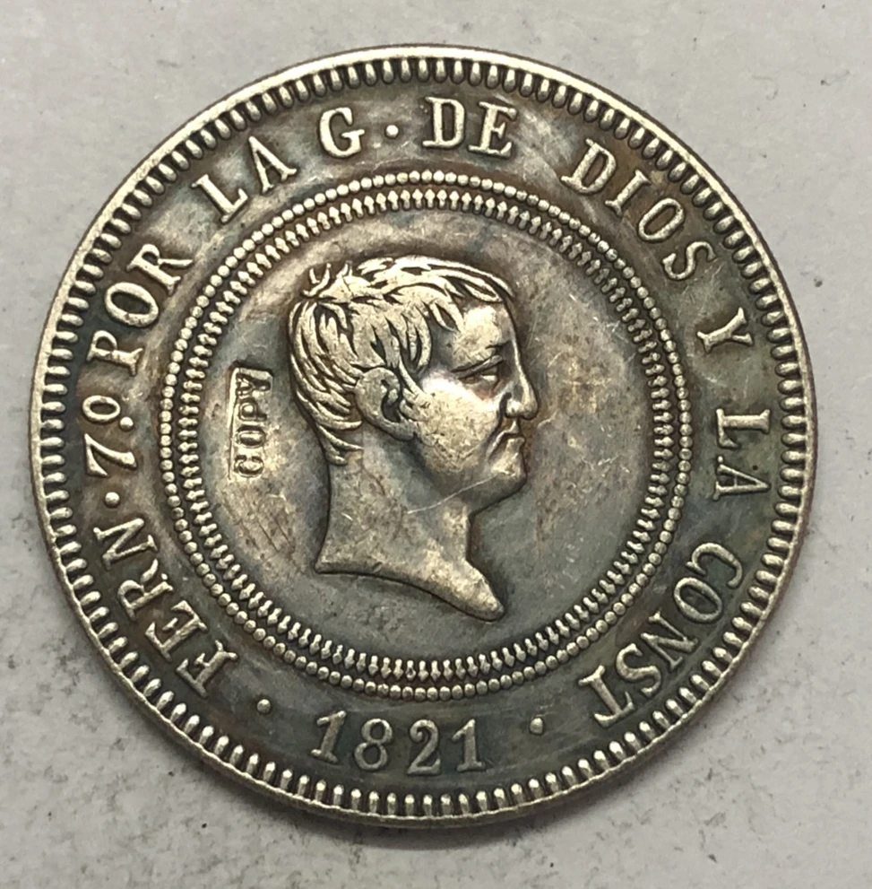 1821 RMD Испания 10 Reales Fernando VII Посеребренная копия монеты 34 мм|Безвалютные монеты| |