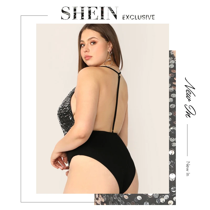 SHEIN размера плюс контрастной отделкой пайетками корсаж с открытой спиной с лямкой на шее боди Для женщин однотонные летние пикантные и клуб без рукавов плюс боди