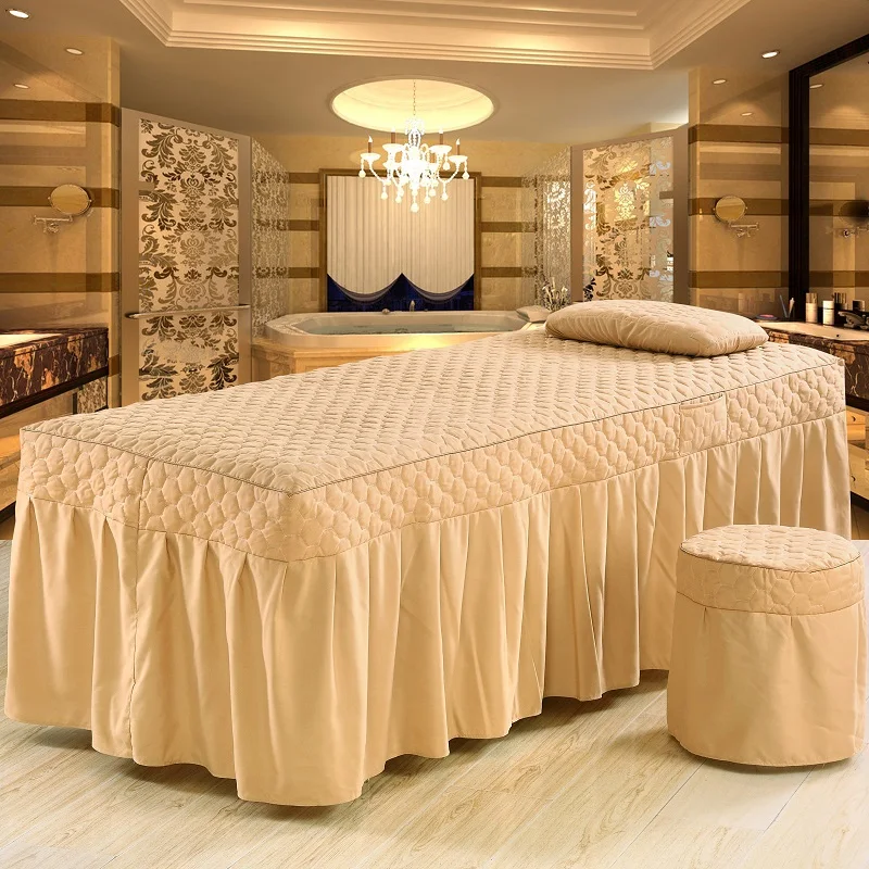

One Piece Brief Cotton Embroidey Beauty Bed Skirt 70*190cm Beauty Salon Bedspread with Hole Customized Size Light Yellow