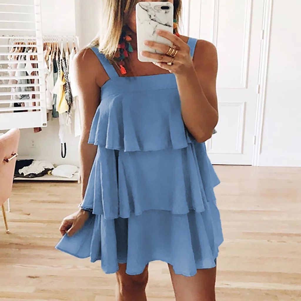 Женское летнее Повседневное платье без рукавов однотонный Топик с оборкой Boho