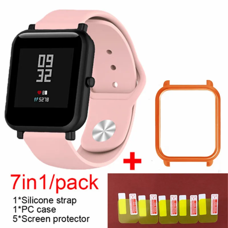 Pink 2 7в1 Мягкая силиконовая лента для Xiaomi Huami Amazfit Bip маленький ремешок браслет часы с PC чехол Защитная пленка для экрана - Цвет: Pink 2