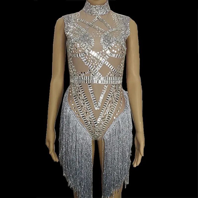 Silver Rhinestones Tassels Bodysuit Sexy Glisten Crystals Costume Stage Outfit Nightclub Female Singer Performance Dance Wear