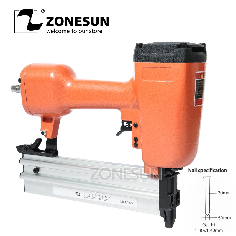 Пневматический степлер ZONESUN T50 пистолет для ногтей мебели деревообработки