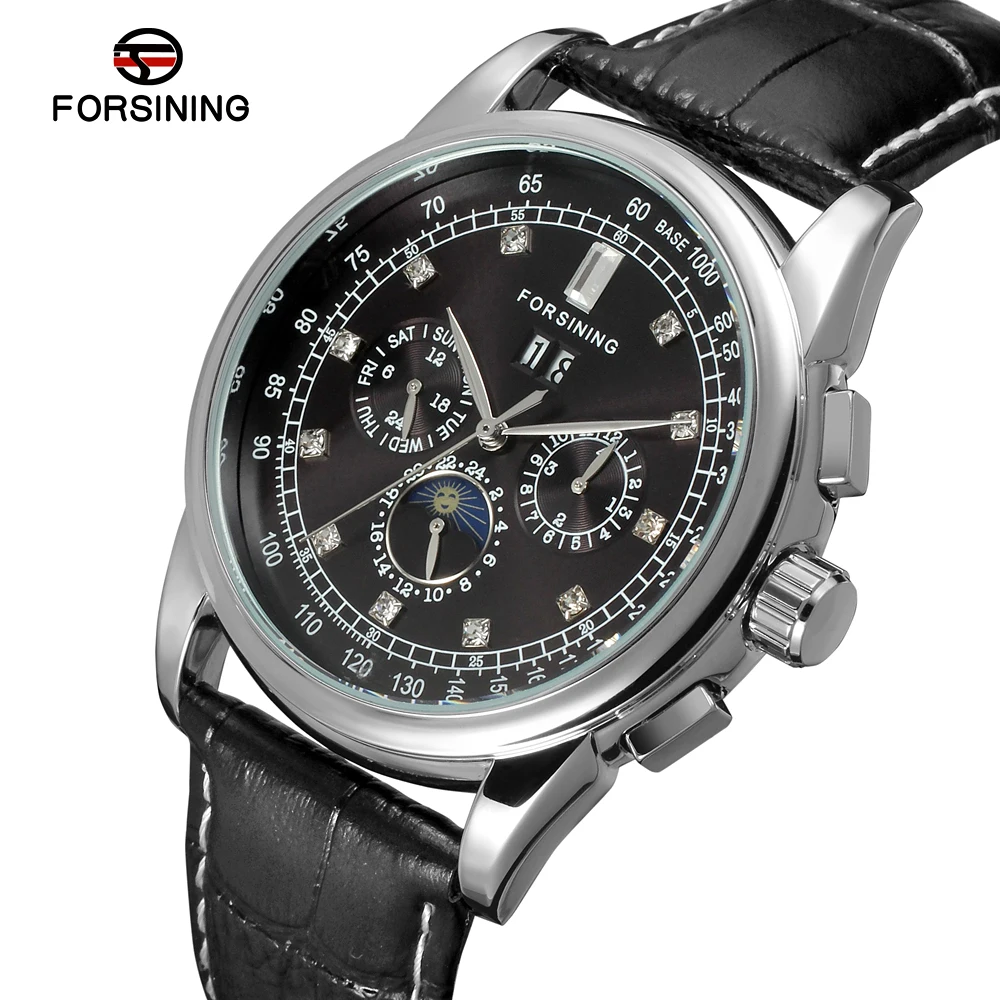 

FSG319M3S34 Forsining Automatic self-wind dress men moon phase watch black genuine leather strap free shipping with gift box