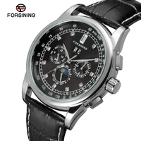 fsg319m3s34 forsining automatic self wind dress men moon phase watch black genuine leather strap free shipping with gift box