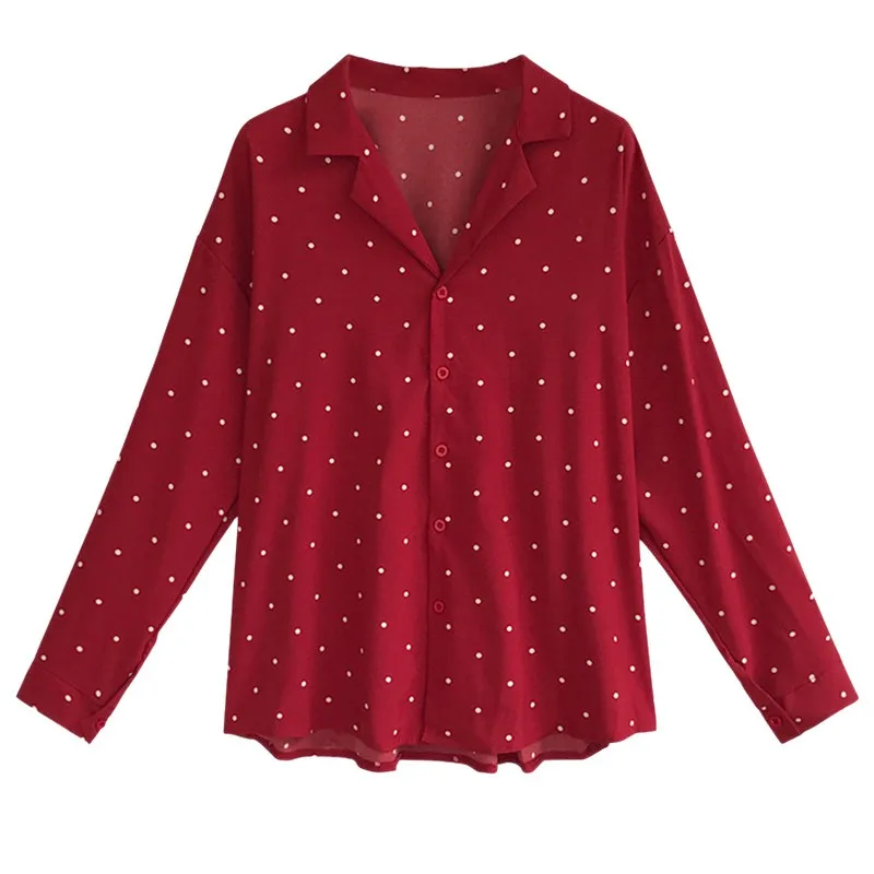Casual Chiffon Polka Dots Shirt Women Top Casual V-Neck Long Sleeves Blouses