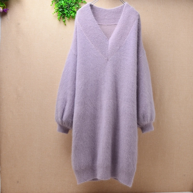 Женский свитер с длинным рукавом-фонариком треугольным вырезом из Ангорского