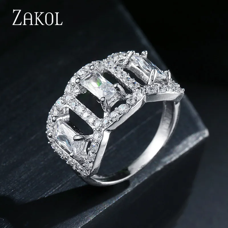 ZAKOL серебро Цвет Свадебные Открытые Кольца для Для женщин площадь Циркон