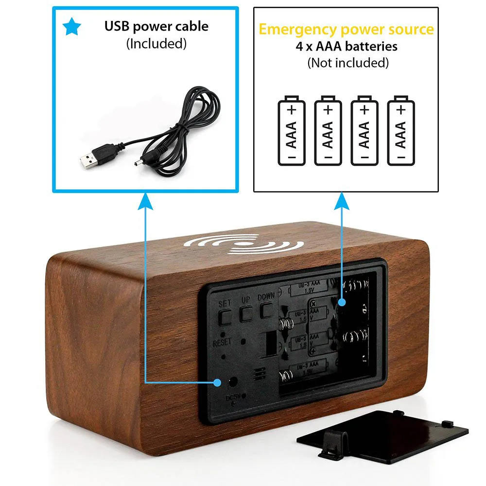 

Electric LED alarm clock with phone wireless charger Desktop digital thermometer clock HD mirror clock with Time memory