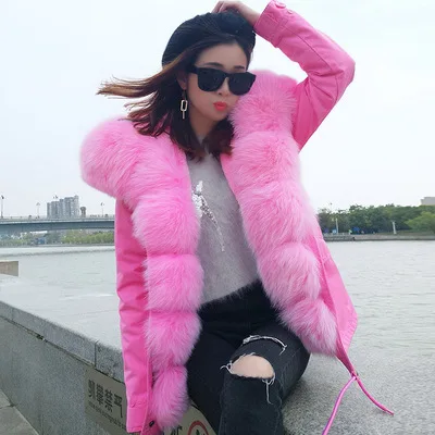 OFTBUY зимняя женская куртка из натурального меха, парка с воротником из натурального Лисьего меха, розовая короткая куртка с подкладкой из искусственного меха, модная уличная одежда - Цвет: 2