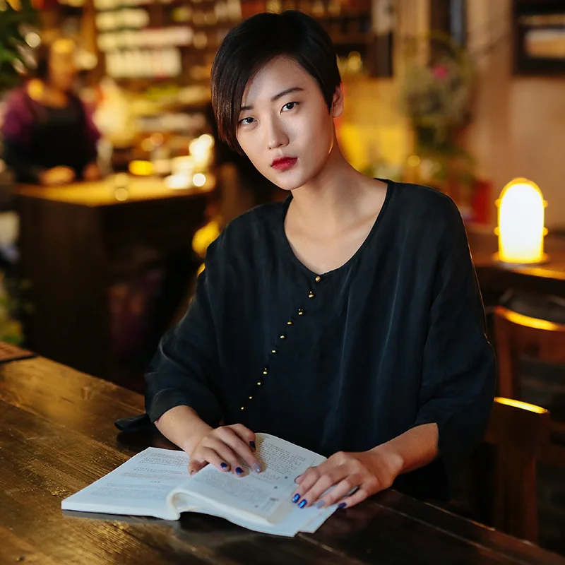 Johnature 2020 Summer Style Women Solid Color Black Dress Robe Three Quarter Sleeve Round Neck High Slit Long Silk Gown | Женская одежда