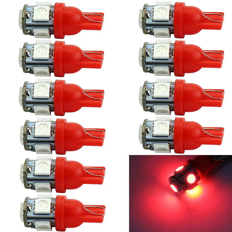 Фонарь задний автомобильный, 10 шт., T10, 194, 168, W5W, 5050, 5 светодиодов, красный Фонарь задний автомобильный, 10 шт., T10, 194, 168, W5W, 5050, 5 светодиодов, красный