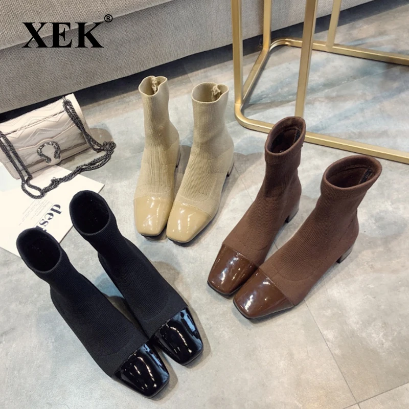 Женские ботинки на толстом каблуке XEK короткие вязаные эластичные с квадратным