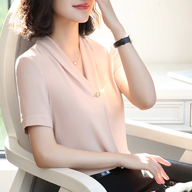 Женская шифоновая блузка с V образным вырезом белая/зеленая/Розовая однотонная