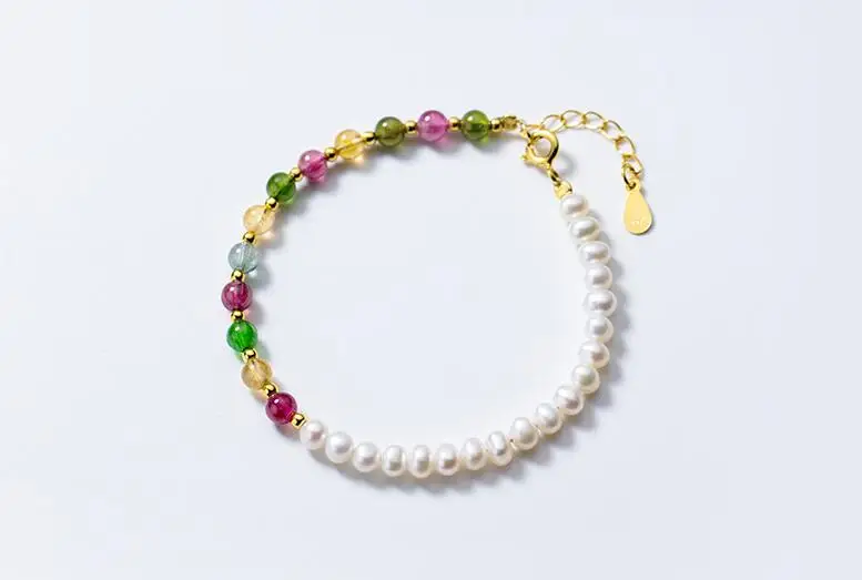 

100% Authentic Real. 925 Sterling Silver Fine Jewelry Colored tourmaline crystal &Handmade Pearl Chain Bracelet GTLS711