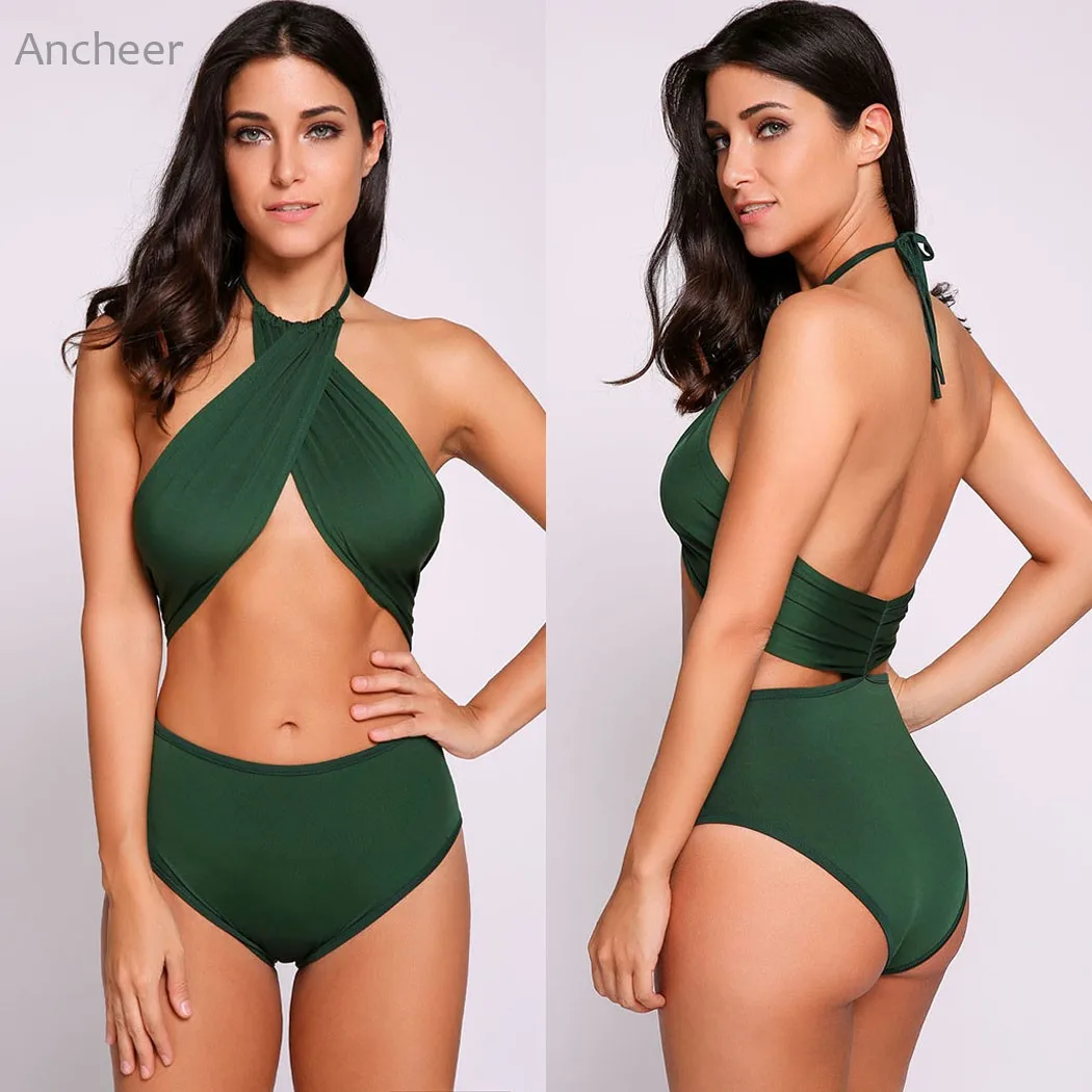 Брендовый новый купальник бикини 2017 Женский сексуальный однотонный Холтер с