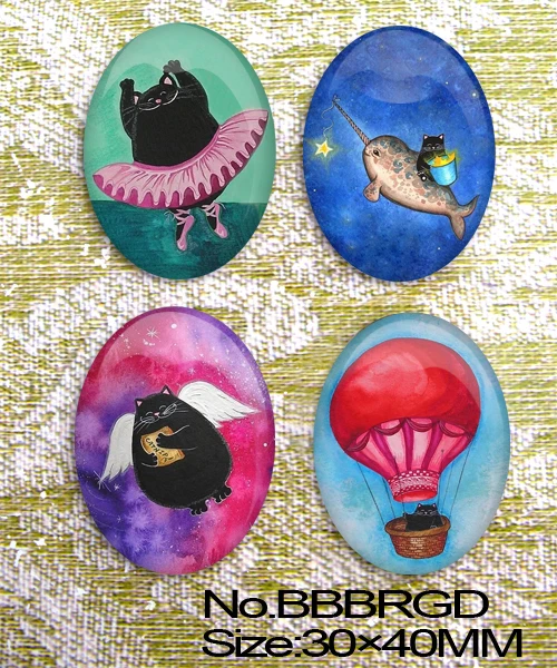 4 шт. огромный черная футболка с толстым котом овальные Стекло 40x30 мм кабошон