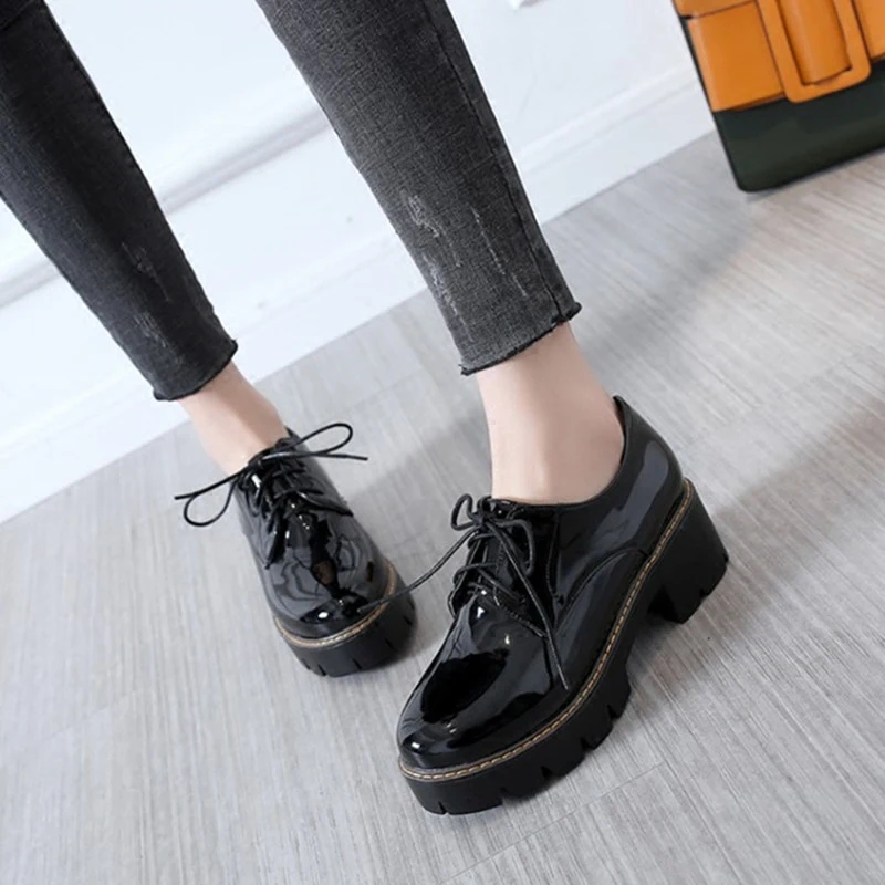 D Knight Patent Leather Platform Oxfords Shoes Woman High Square Heels Pumps Shoes Fashion Office Casual Oxford Shoes For Women