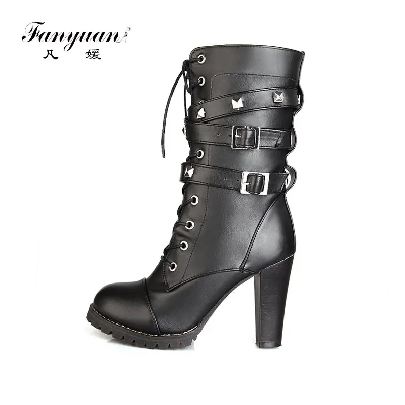 

fanyuan Ladies shoes Women mid calf boots High heels Platform Buckle Zipper Rivets Sapatos femininos Lace up PU Leather boots
