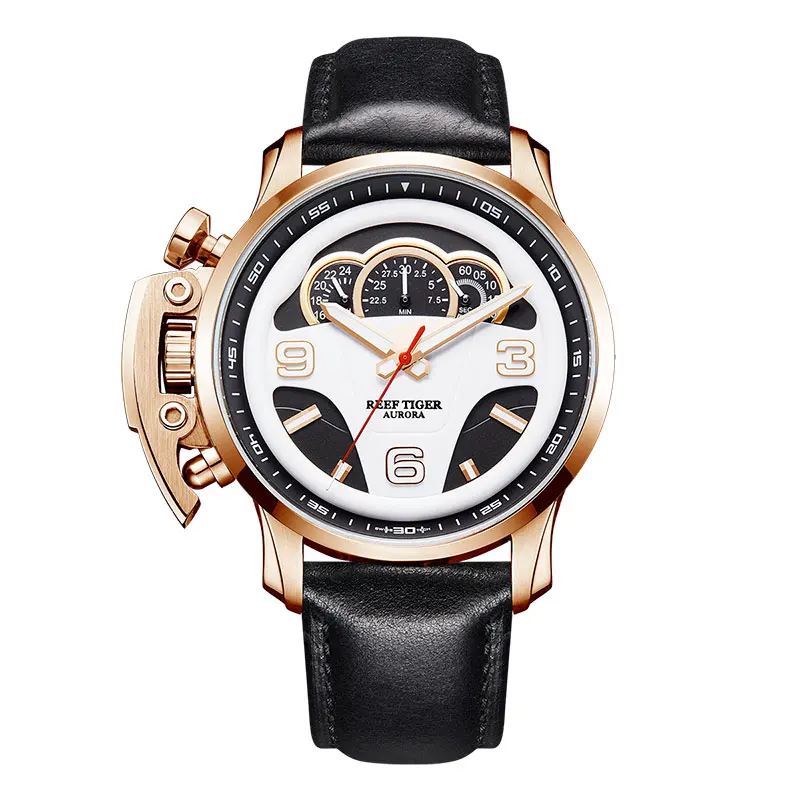 

Reef Tiger/RT Mens Fashion Sport Watches Genuine Leather Strap Dashboard Dial Chronograph Stop Watches RGA2105