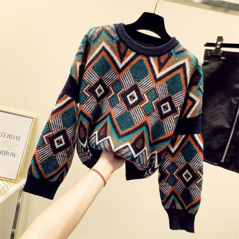 Women's Sweater Oversized Sueter Mujer Invierno 2020 Korean Print Blue Knitted Fashion Women Sweaters and PulloversLW199 | Женская