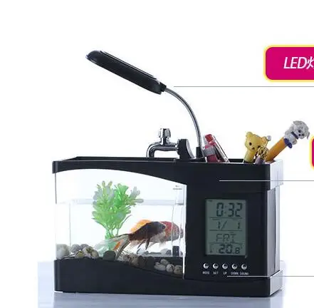 Black Светодиодный электронный циркулирующий аквариум для воды многофункциональный держатель ручки мини-аквариумы декоративные экологические стеклянные аквариума - Цвет: Black