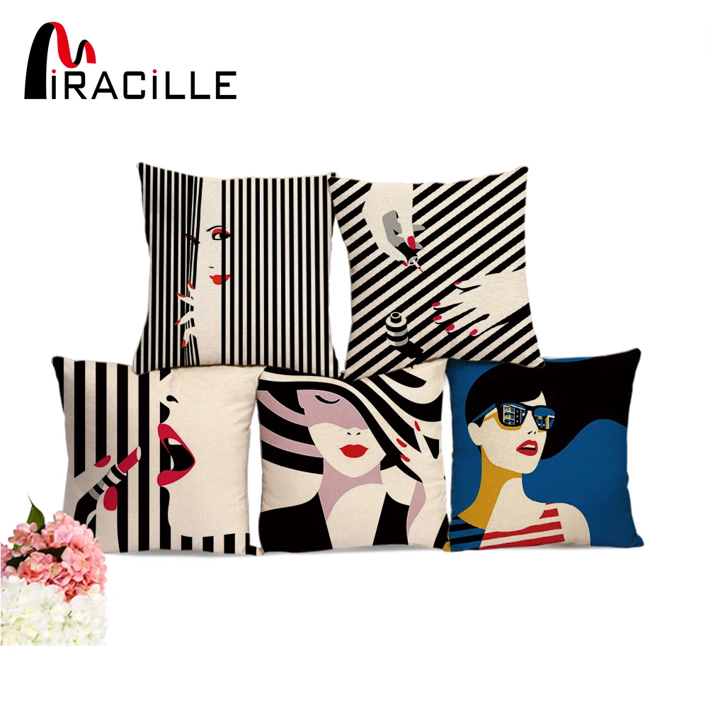 

Miracille 45*45cm Stripe Art Printed Cushion Fashion Lady Decoration Cotton Linen Throw Cushion Pillow for Home Sofa Car Decor