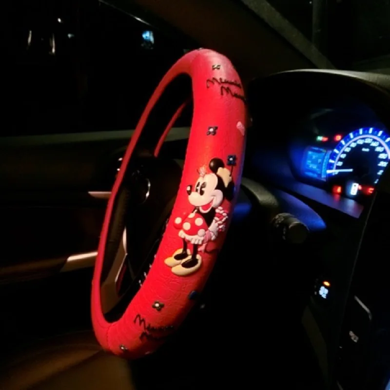 Чехол для руля с изображением Микки Мауса из мультфильма, милые чехлы на руль из черного латекса, аксессуары для салона автомобиля для девочек