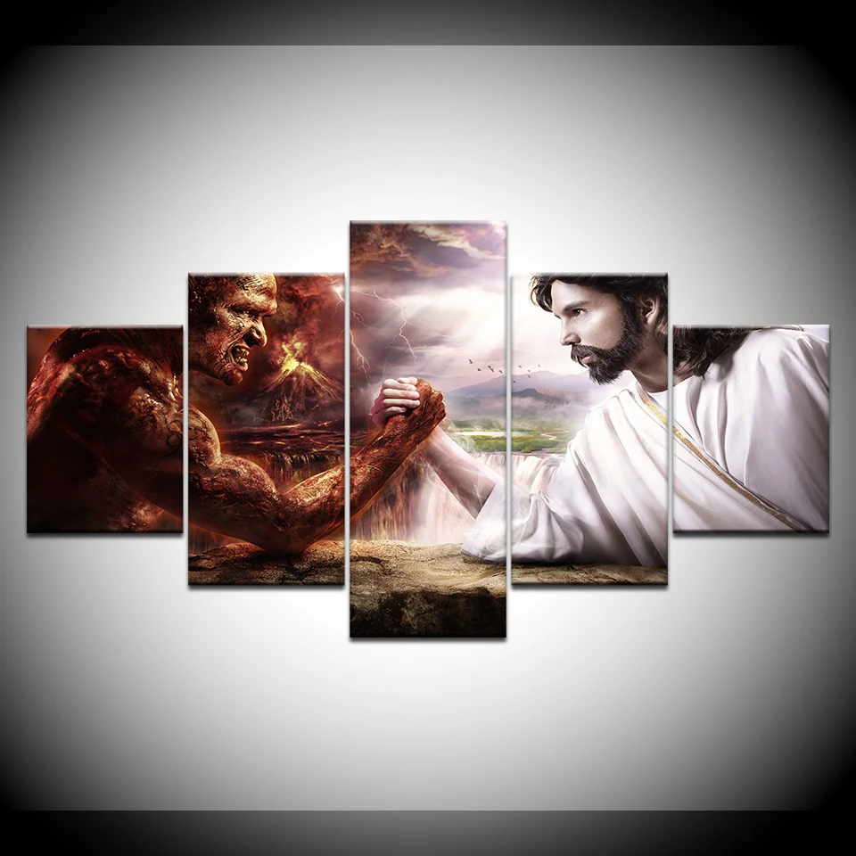 HD print 5 pcs canvas wall art jesus vs satan painting home decor for living room picture artwork | Дом и сад