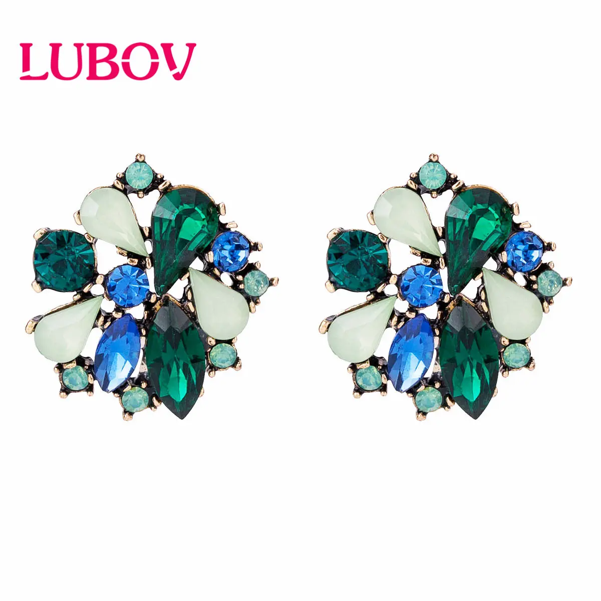 

LUBOV Multi-color Crystal Flower Rhinestone Stud Earrings Anti Gold Color Piercing Earrings Trendy Women Wedding Party Jewelry