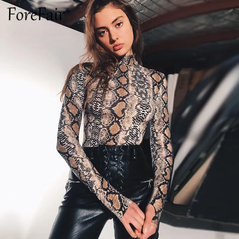 Forefair винтажное боди с длинным рукавом имитацией шеи со змеиным принтом для