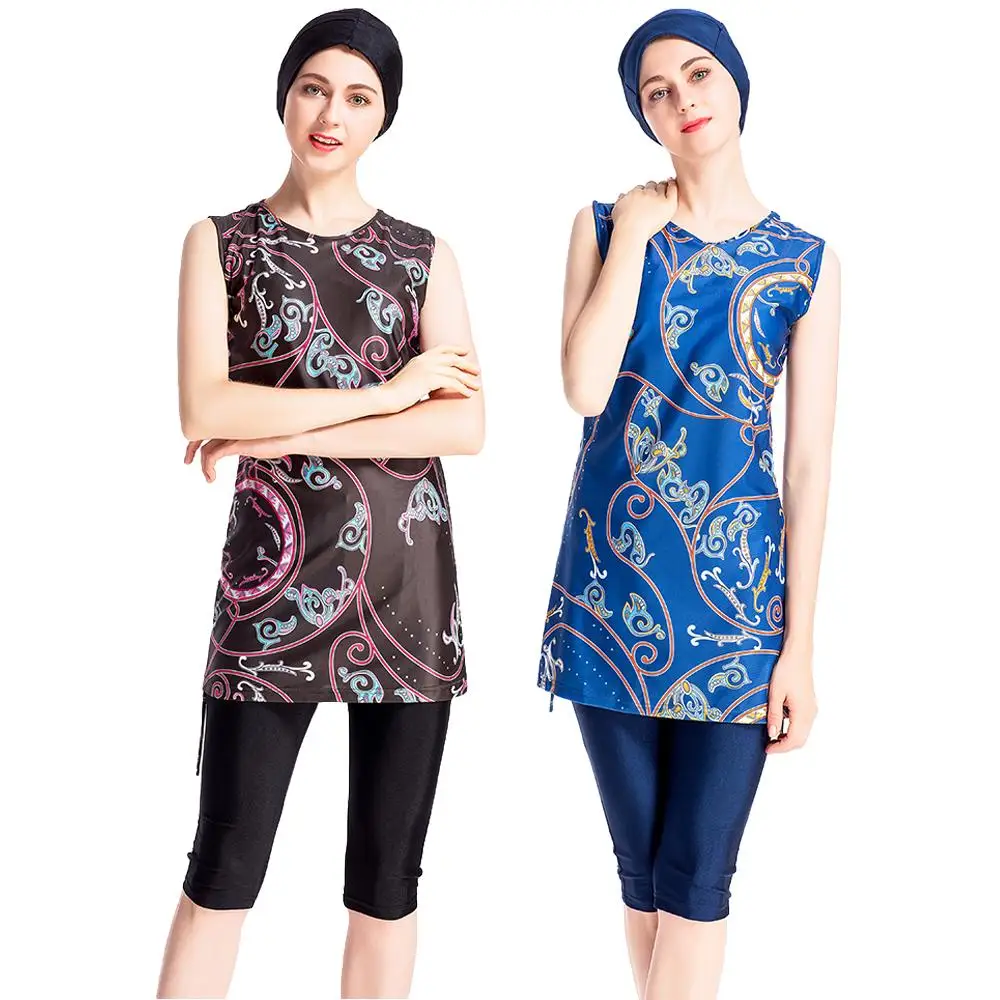 Мусульманская пляжная одежда Burkini Мусульманский купальник без рукавов с принтом